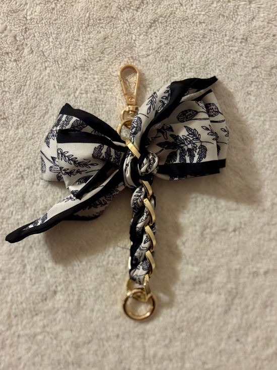 Accessories - Purse or Bag Handle Extender or Charm - Black & White Bow Scarf with Gold Chain